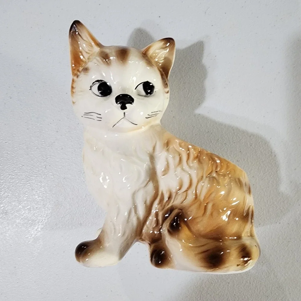 Vintage Ceramic Cat Planter Made in Japan Brown White Kitten Figurine Succulent